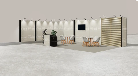 Wizualizacja: Stoisko narożne lewe 10×5 m, z zapleczem, z ladą, z mocowaniem TV