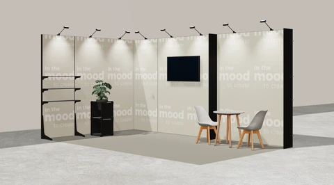 Gotowe stoisko 5 × 3 m, narożne lewe, M50