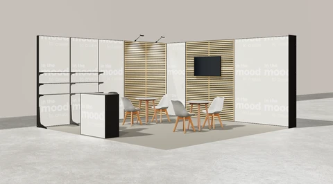 Wizualizacja: Stoisko narożne lewe 5×5 m, z regałami, z ladą, z mocowaniem TV