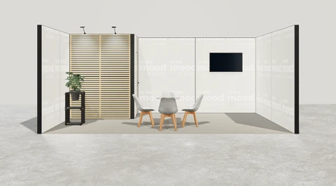 Wizualizacja: Stoisko szeregowe 6×4 m, z zapleczem, z mocowaniem TV