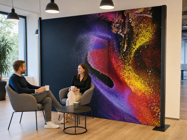 Ściana z grafiką ze stoiska GM Color w firmie: strefa relaksu