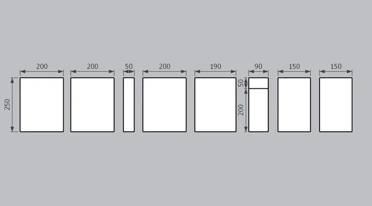 Rozpiska tkanin: szerokości ram 200, 190, 150, 90 i 50 cm przy wysokości 250 cm