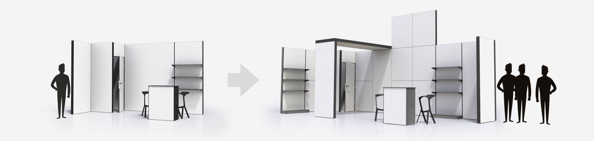 Ten sam komplet ścian w kilku układach stoiska Modularico M100 LED