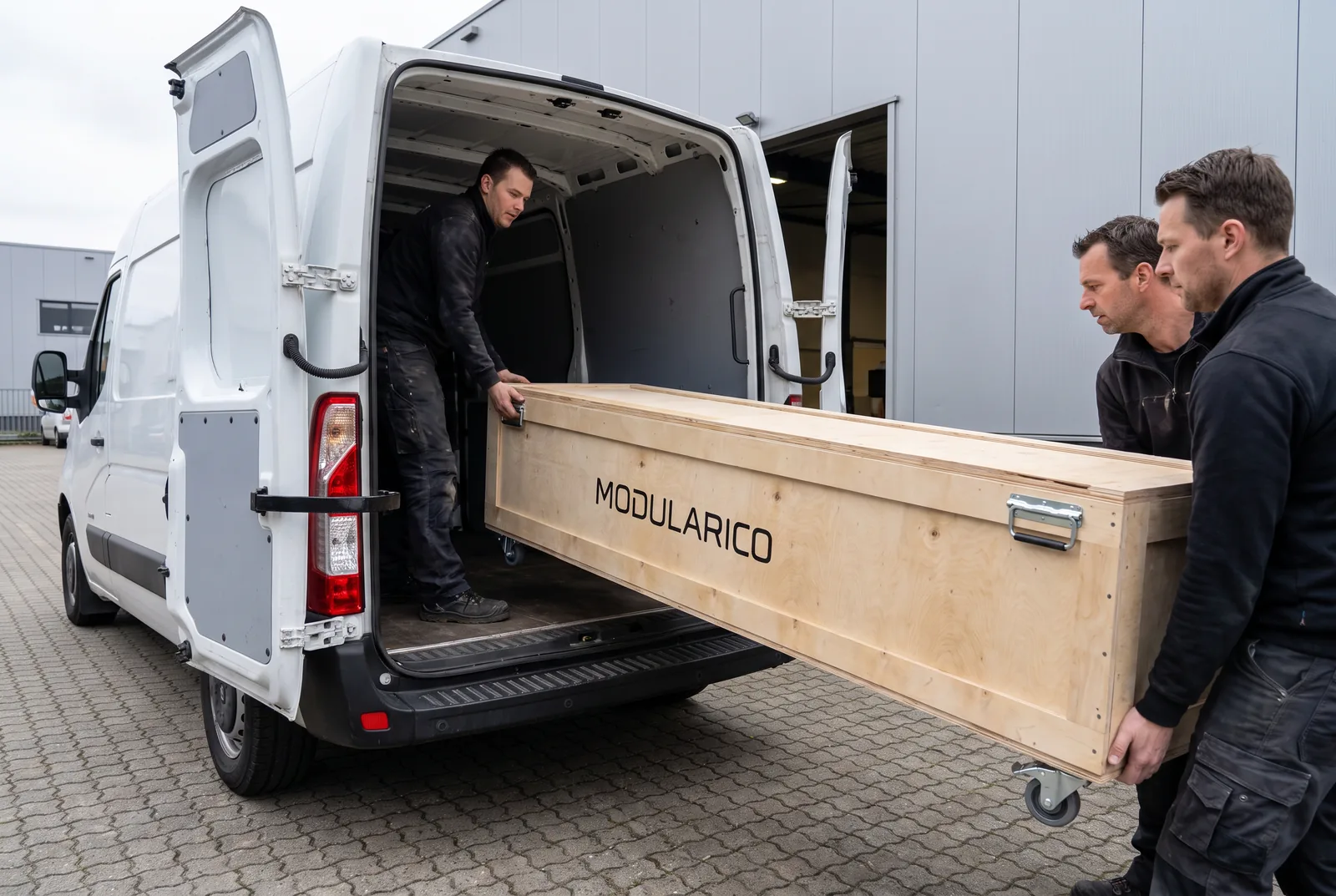 Dwie osoby wsuwają skrzynię Modularico na kółkach do busa